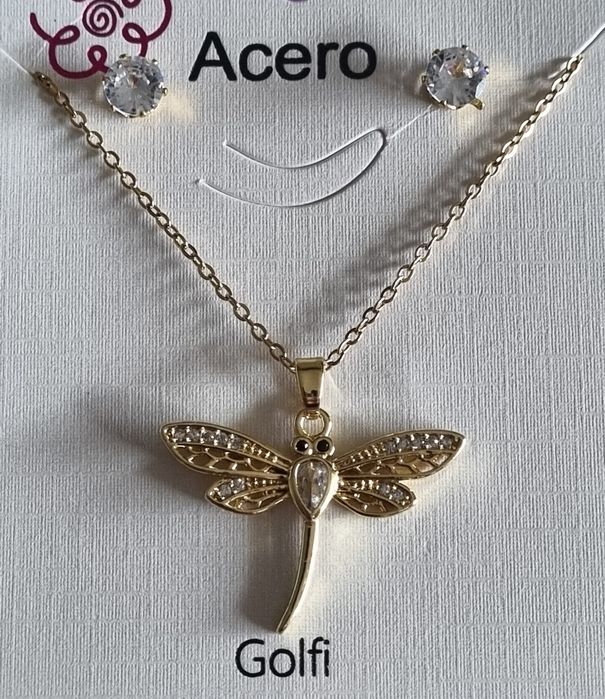 Conjunto dourado (colar e brincos), em aço, com  libelinha.