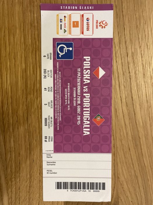 Bilet kolekcjonerski Polska vs Portugalia 2018 Stadion Śląski Łomianki
