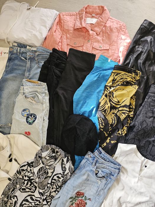 Paka ubrań damska leginsy spodnie jeansowe plaszcz s/m #zara #h&m