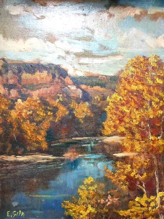 Antiga pintura fluvial em outono - assinada E. Grin
