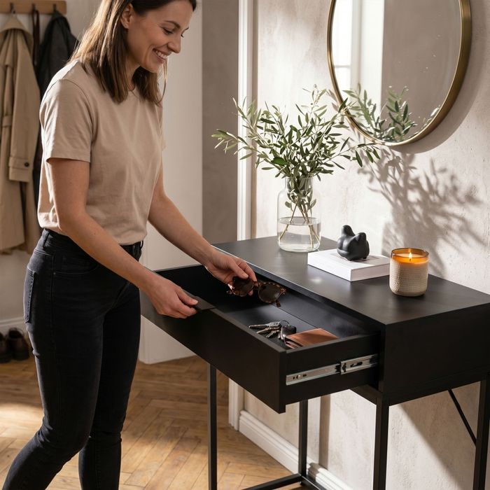 Konsola stolik loftowy MODENA 1 szuflada 80 cm Czarna Czarne nogi