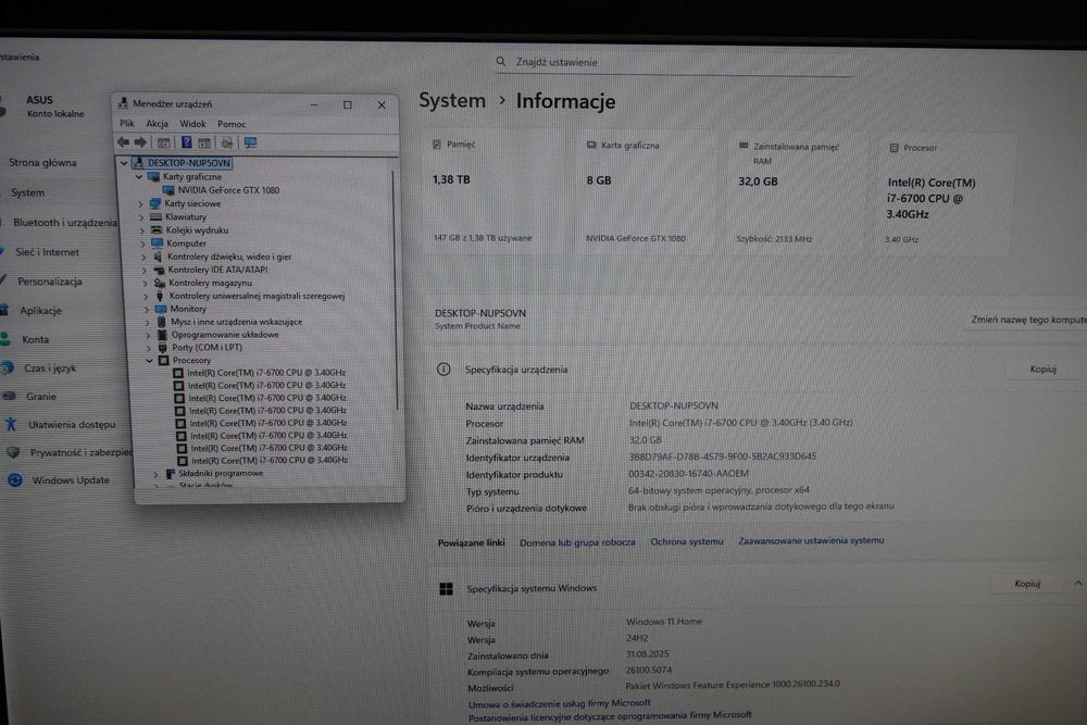 Komputer stacjonarny Asus i7 32GB 512 SSD + 1TB GTX 1080 8GB W11 GW FV
