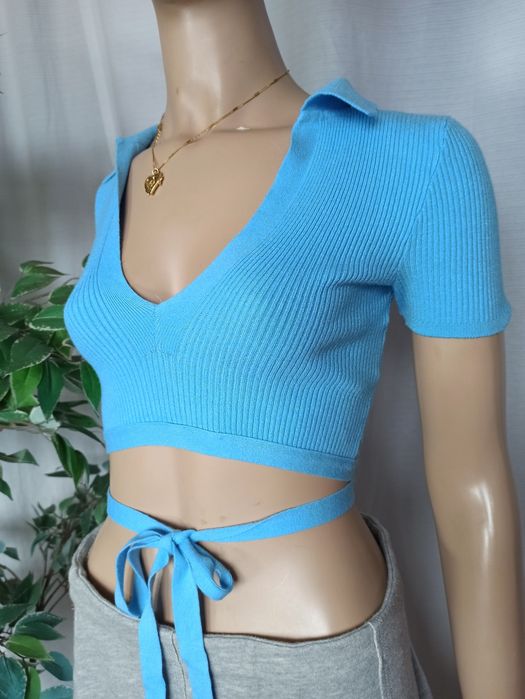Sg Top crop 32 , 34 XXS , XS krótka bluzka wiązana w talii z kołnierzy