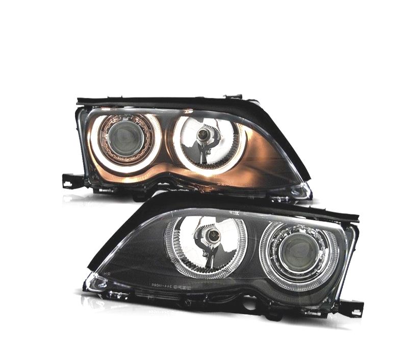 FARÓIS BMW E46 4P 01-05 ANGEL EYES FUNDO PRETO ELETRICO