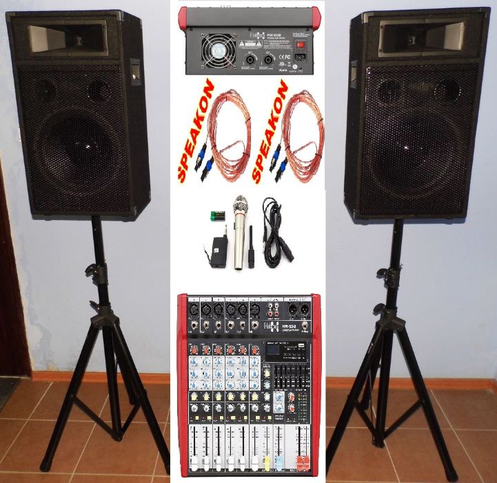 Zestaw Powermixer 2xKolumna 2xStatyw 2xPrzewody Mikrofon 1400W PL