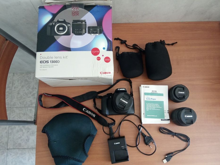 Câmara Fotográfica Canon 1300D + lentes 18-55 e 50mm + acessórios