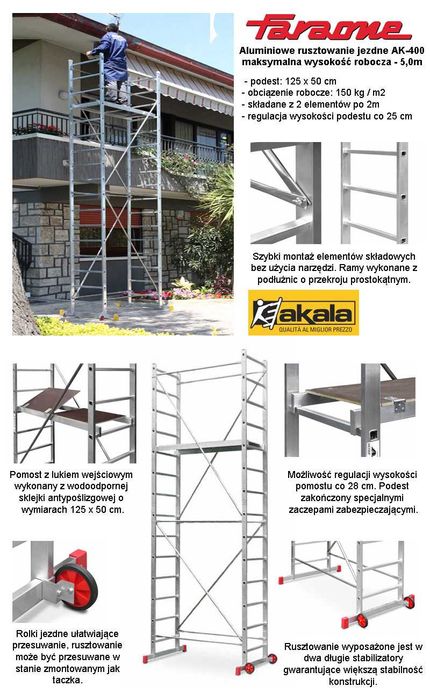 Rusztowanie aluminiowe jezdne FARAONE AK400 z opcją na schody w.r. 5 m