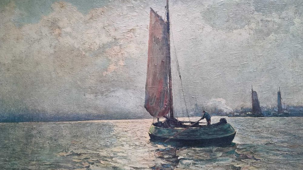 Połów o świcie,  Rudolf A. Guba ur.1884 zm.1950 olej/płyta