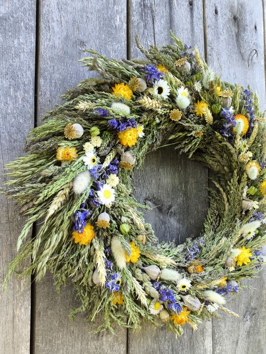 Віночок натуральний з сушених трав і квітів на двері/стіну