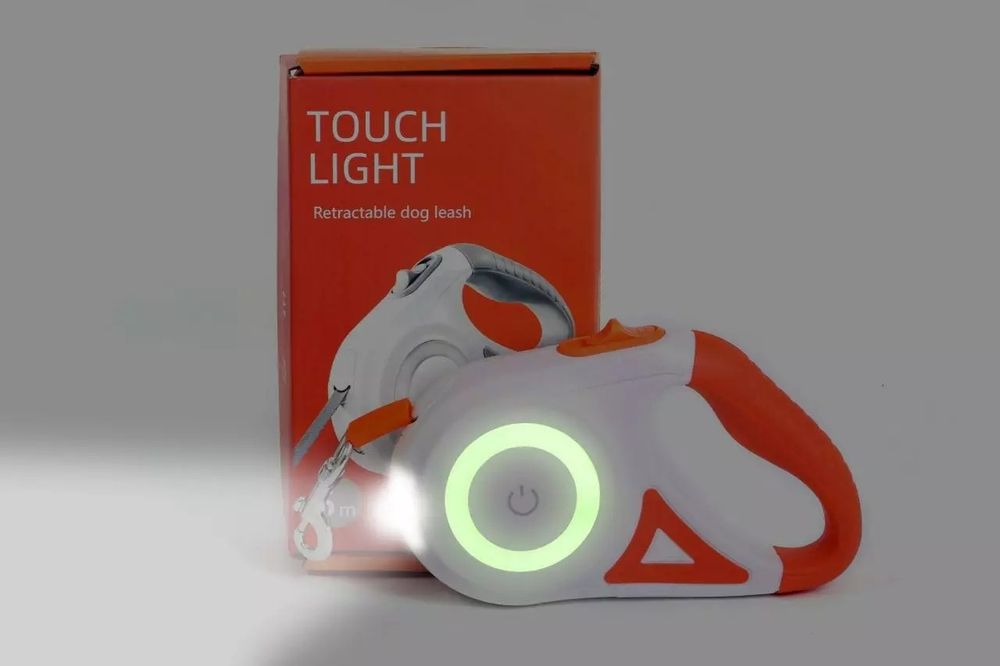 Поводок - рулетка с фонариком и подсветкой для собак 40 кг , лента 5м