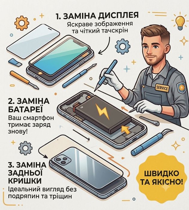 Ремонт телефонів: заміна дисплея, заміна батарея, заміна задньої кришки.