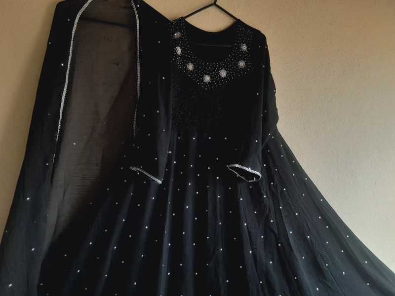 Black Pakistani Indian Bollywood Anarkali Dress Long Maxi for Wedding Party with Chiffon Dupatta