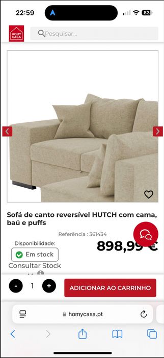 Sofa de canto reversivel HUTCH com cama bau e puff