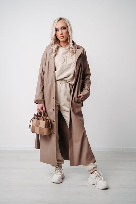 Płaszcz damski trencz ekoskóra cappuccino pasek elegancki M/38