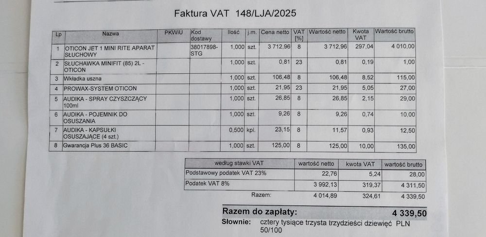 Aparat słuchowy OTICON JET 1 Mini Ritę gwarancja z fakturą zakupu 2025 r