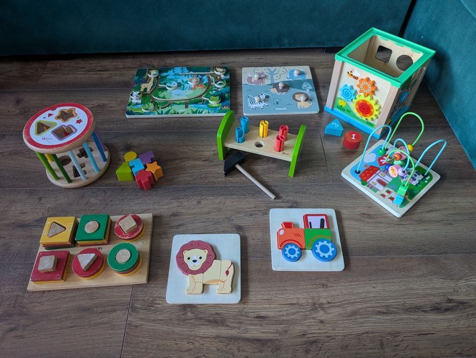 Zestaw Montessori drewniane zabawki edukacyjne sorter układanki + GRATIS - stan bdb mało używane