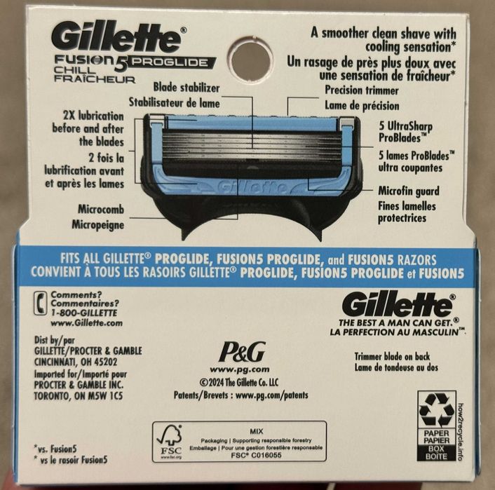 Лезвия оригинал из США Gillette Proglide SHIELD, Chill 4шт картриджи