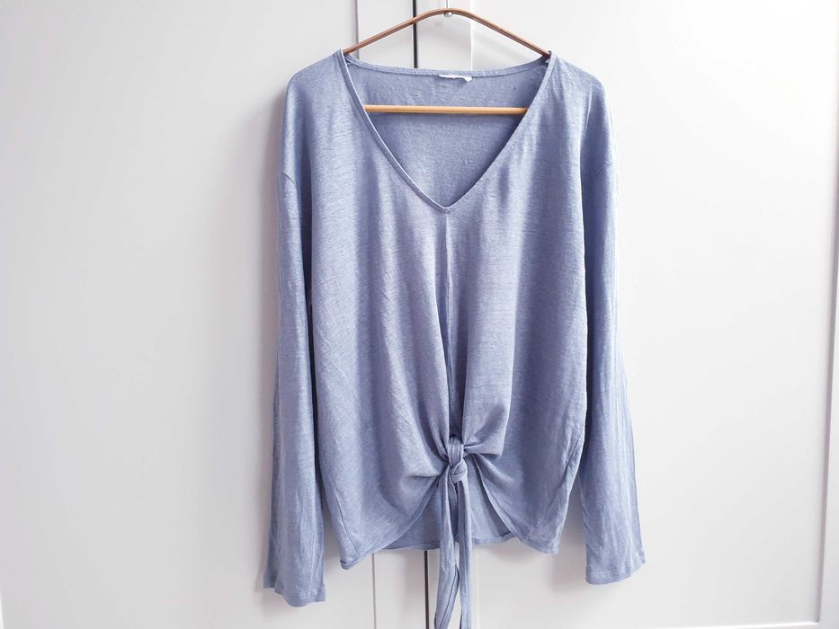 Niebieska lniana bluzka wiązana 100% len 42 44 oversize pudełkowa