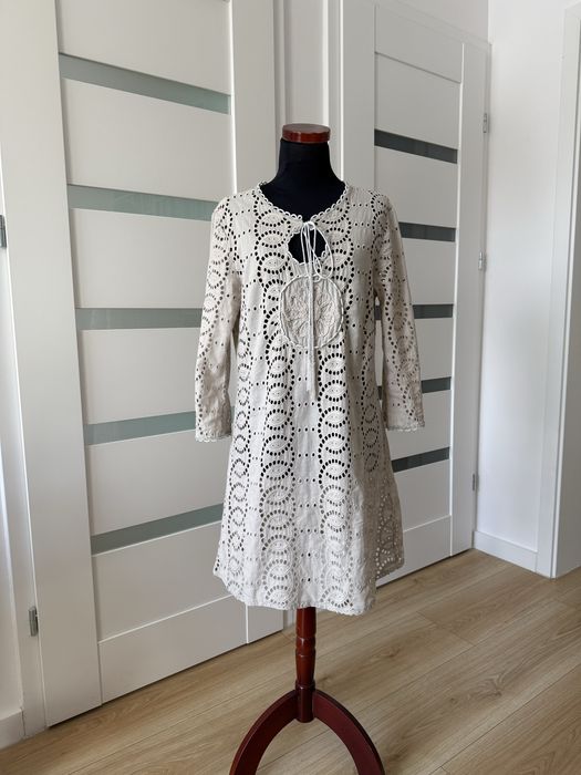 Beżowa bawełniana sukienka boho hippie M 38 L 40 ażurowa na lato