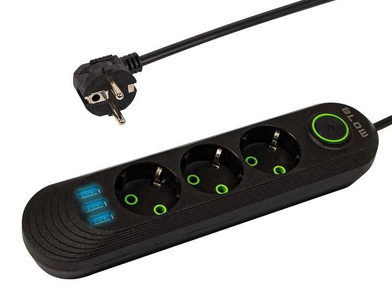 Przedłużacz / Listwa Zasilająca Blow 3-Gniazda 3xUSB 2m kolor: czarny