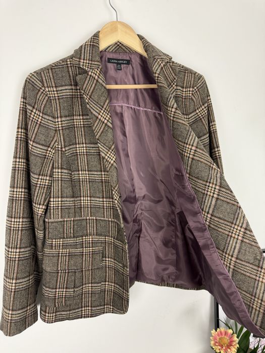 Laura Ashley żakiet w kratę z wełną Wool Blazer vintage retro 42