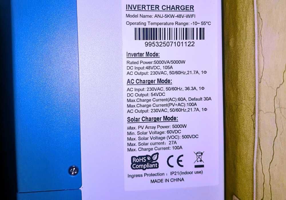 Гібридний інвертор 5kW 48V Wi-Fi для дому та сонячних панелей