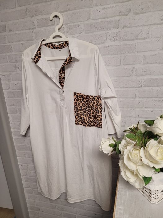 Koszula biala sukienka tunika z panterka glamour