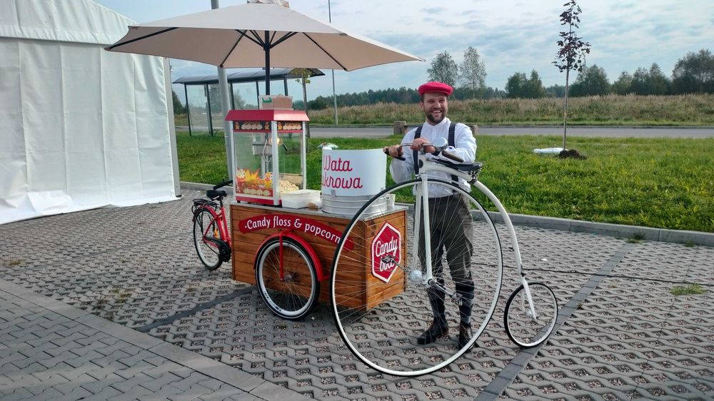 NOWOŚĆ CANDY BIKE Obsługa imprez Wata Cukrowa POPCorn Nachos Bańki