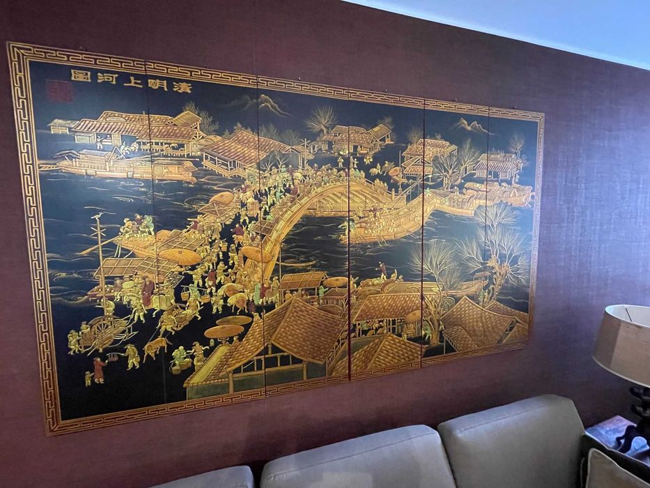 Biombo Chinês Lacado Pintado à Mão - 6 Folhas - Grande Formato