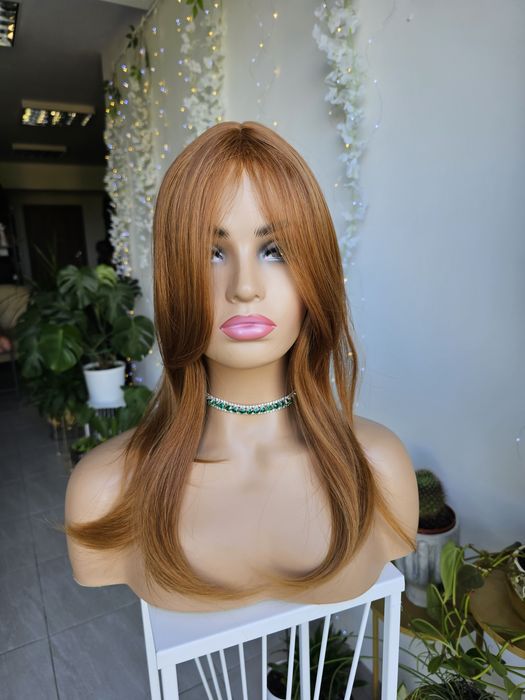 Długi topper tupet damski bursztyn 55 cm z grzywką Julia