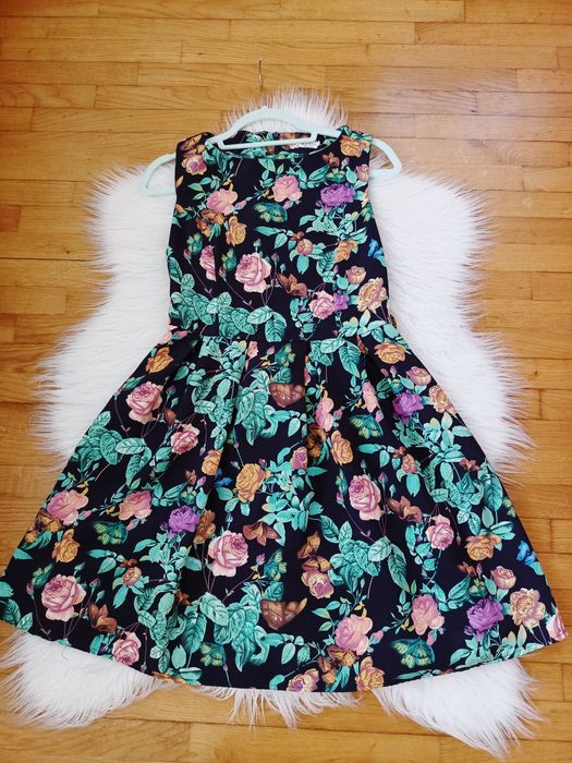 Sukienka, shikha, 10/38, granatowa, zielona, herbaciane róże