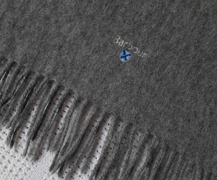 Barbour 100% Wełna szary szal frędzle wełniany męski damski Uniseks