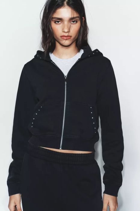 Кофта zara, кофта на блискавці zara, толстовка з флісу з ефектом потертості та заклепками zara