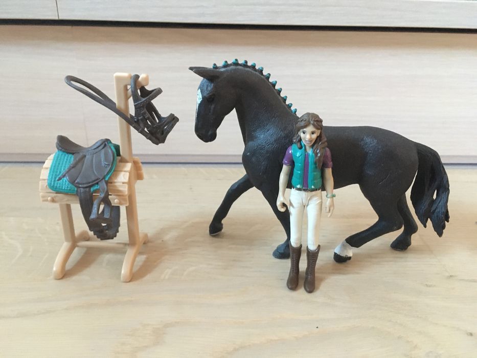 Koń rasy wałach hanowerski,dżokejka,stojak,siodło,uzda