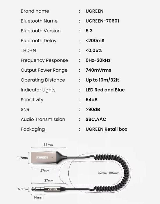 Bluetooth адаптер UGREEN CM309 Bluetooth 5.3 автомобільний приймач AUX з мікрофоном Space Gray, ресивер, Оновлена версія 2024 з підтримкою AAC