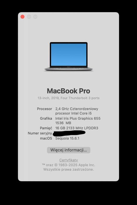 MacBook Pro 13” 2019 i5 2.4GHz 16GB 256GB Space Gray | komplet