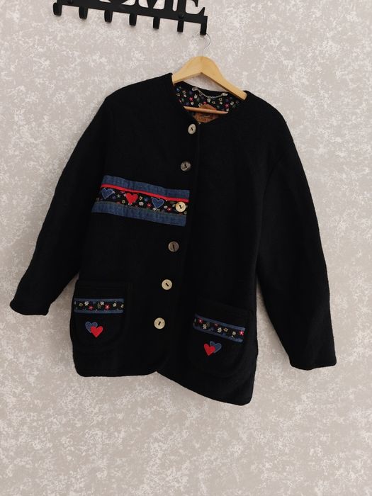 Kardigan sweter wełniany wełna 100% vintage coquette kwiaty czarny L