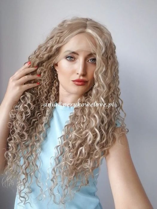 Peruka lace front karmelowy blond afro loki włosy jak naturalne