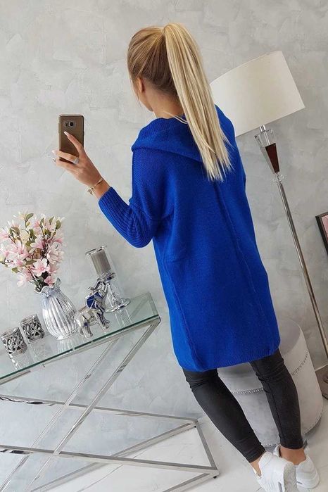 NOWY długi sweter kardigan z kapturem chabrowy