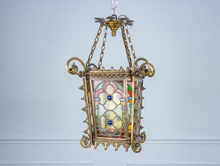 Антикварний бронзовий ліхтар з вітражами