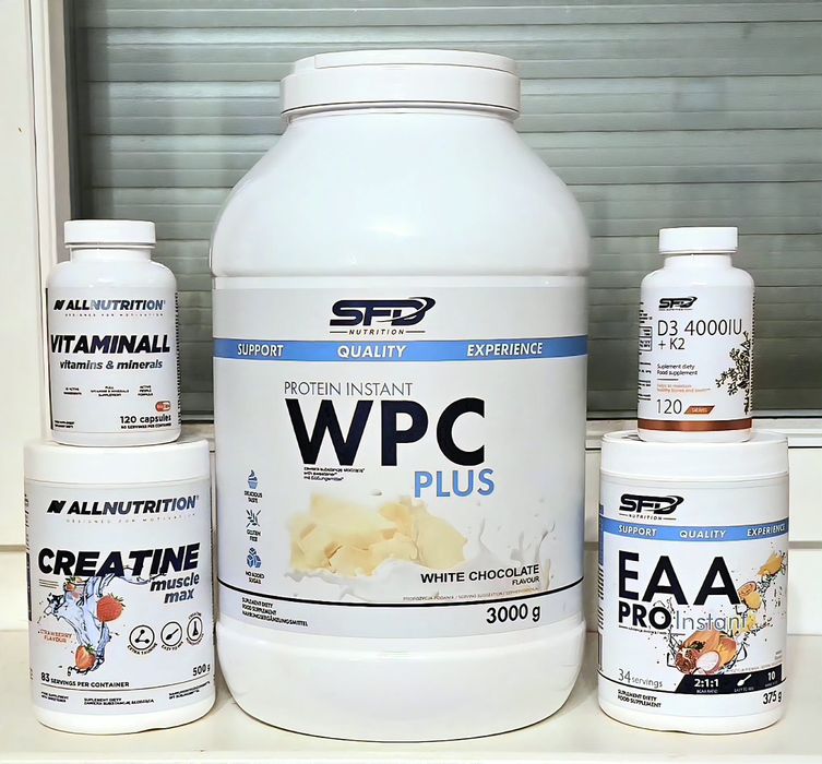 Zestaw suplementów sportowych – Białko, Kreatyna, D3, BCAA