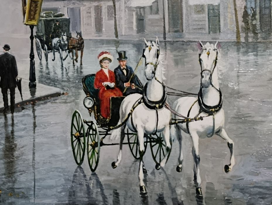 Par de pinturas a óleo sobre tela – ruas parisienses,  Belle Époque