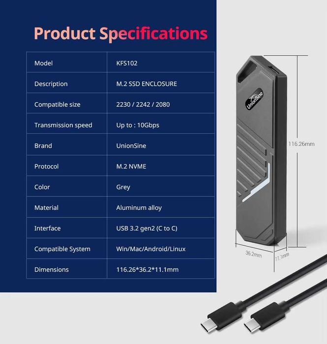 Зовнішня кишеня UnionSine 10Gbps M.2 NVMe SSD to USB 3.2 адаптер