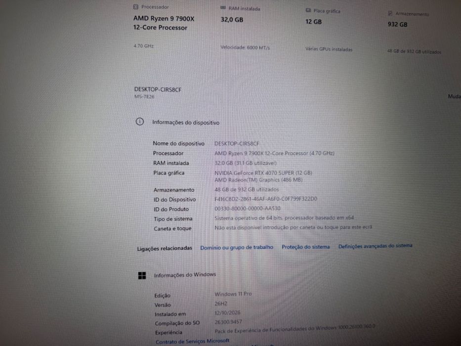 Pc gaming R9 7900x RTX 4070 super 32 ram ddr5 possivel trocas