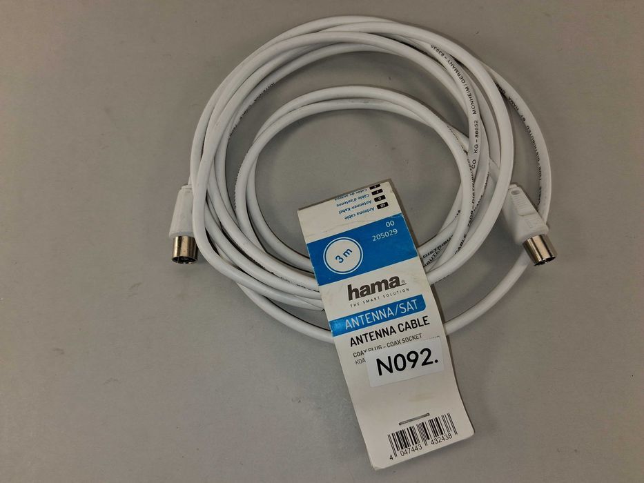 N092 Kabel Antenowy TV Hama Koaksjalny Wtyk Gniazdo 3m NOWY