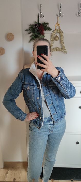 Kurtka zimowa jeansowa z misiem L/40 Sinsay niebieska ocieplana