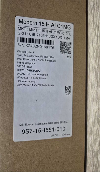 Laptop MSI Modern 15 H AI C1MG-010PL Ultra 7 155H
