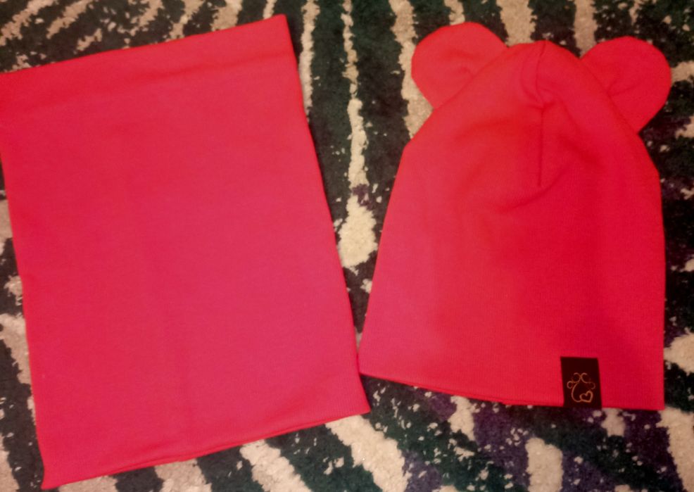 47 52 NOWY komplet czapka i komin miś podwójna bawełna Fuksja w prążek