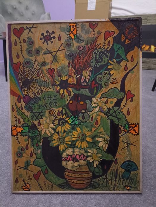 "Płonący Krzew (w doniczce)" - obraz na płótnie, surrealizm, awangarda, pop-art