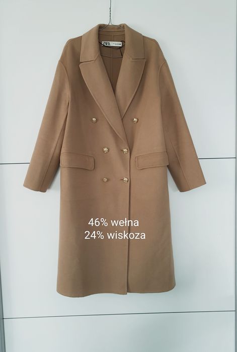 Płaszcz Zara 38 M brązowy karmelowy wełniany dwurzędowy